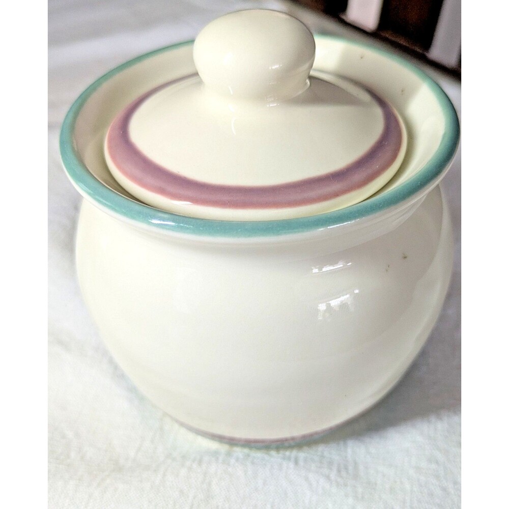 Ceramic Sugar Bowl Canister with Lid Cream Teal Mauve Stripes